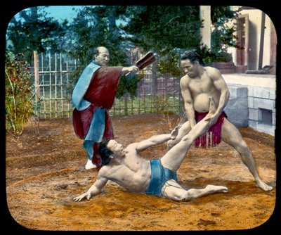 Magic Lantern Slide of Sumo Wrestlers. 1895 by Japanese School